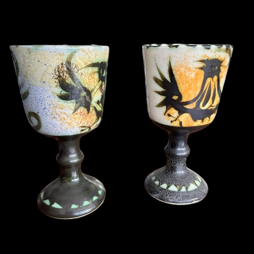 295 - Celtic Pottery Newlyn Cornwall. Two Pheonix pattern wine goblets 160 x 90 one perfect the other has ... 