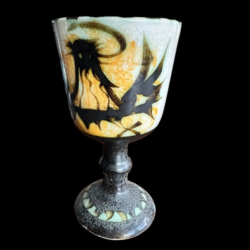 295 - Celtic Pottery Newlyn Cornwall. Two Pheonix pattern wine goblets 160 x 90 one perfect the other has ... 