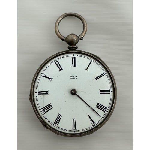 74 - A small silver key wind Baume Geneve pocket watch with white enamel dial, Arabic numeral hour marker... 