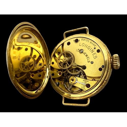 60 - A small 18ct gold 15 jewel Longines pocket watch with white enamel dial, Arabic numeral hour markers... 