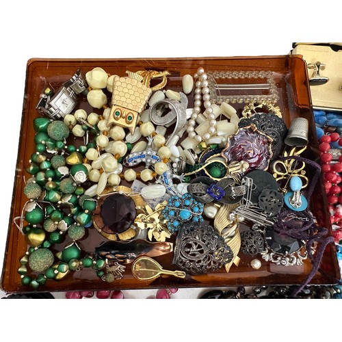 57 - Two inlaid wooden boxes and a large quantity of costume jewellery, bead necklaces, brooches etc, som... 