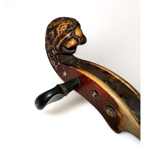 375 - An Antonius Stradivarius Violin Copy - labelled inside '1763'. Lion carved scroll. Pegbox/scroll in ... 