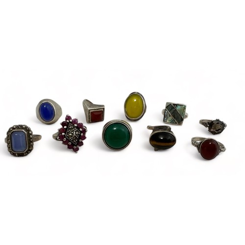 36 - A collection of ten gem set rings, stamped silver or 925. Sizes K to O.