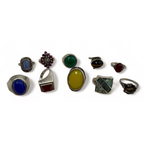 36 - A collection of ten gem set rings, stamped silver or 925. Sizes K to O.