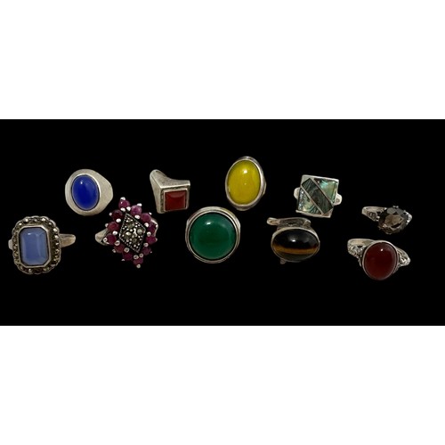 36 - A collection of ten gem set rings, stamped silver or 925. Sizes K to O.