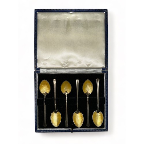 172 - Set of Six Silver Gilt Enameled Spoons, hallmarked Turner & Simpson. In a blue presentation box.