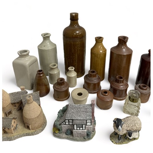 272 - Stoneware Pots/ Cottages: Range of stone pots to include bulk inks with pouring lips one marked Fiel... 