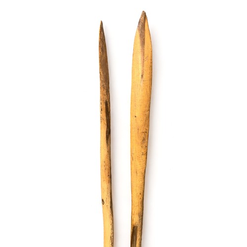 326 - Aboriginal Spears, 5 in all, three throwing spears, lengths 209cm, 202 cm, and 127 cm. Two fishing s... 