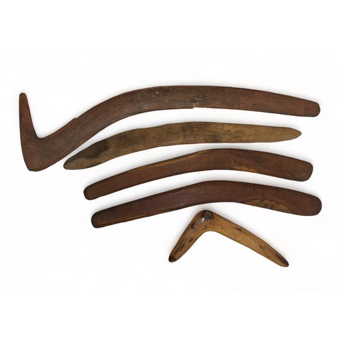 333 - Aboriginal Boomerangs. 5 in total one large hunting boomerang 75cm x 20cm with unusual striated mark... 