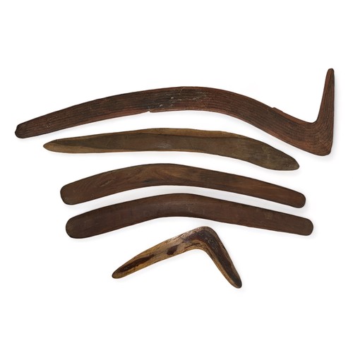 333 - Aboriginal Boomerangs. 5 in total one large hunting boomerang 75cm x 20cm with unusual striated mark... 