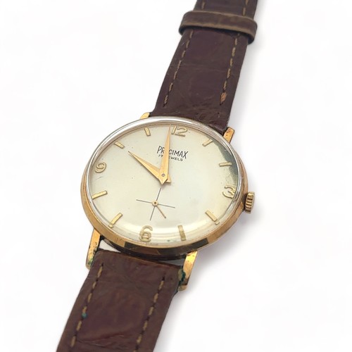 103 - A 1950s Precimax 17 jewels gents manual wristwatch. Gold plated case with Arabic/ baton hour markers... 