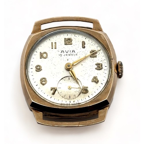 104 - A 9ct gold Avia cushion case gents manual wristwatch. Silvered dial with Arabic numerals, sub second... 