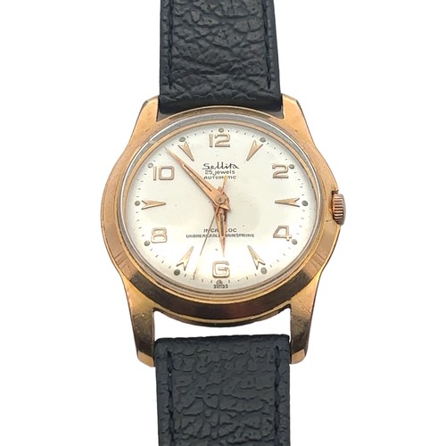 95 - A 1960s Sellita 25 jewel automatic gents wristwatch. Gold plated case, silvered dial with Arabic/ ar... 