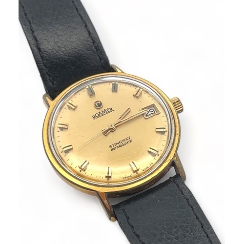 97 - A 1960s Roamer Stingray Roto 44 Date manual gents wristwatch. Gold plated case with gold toned dial,... 