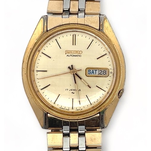 109 - A 1970s Seiko 1 jewel automatic gold plated watch with gold toned dial, baton hour markers and day/ ... 