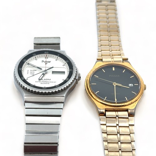 110 - Two quartz Pulsar Watches - A 1980s Pulsar Alarm with white dial and stainless case, Model No. Y960-... 