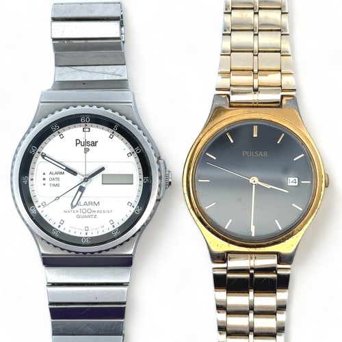 110 - Two quartz Pulsar Watches - A 1980s Pulsar Alarm with white dial and stainless case, Model No. Y960-... 