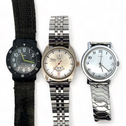 116 - Three Watches. A 1978 manual Timex chrome plated watch with white dial, Arabic numeral markers and s... 