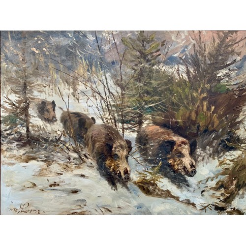 416 - Wilhelm Lorenz (German, 1901-1981), Wild Boars in a winter landscape, large oil on canvas. Signed ‘ ... 