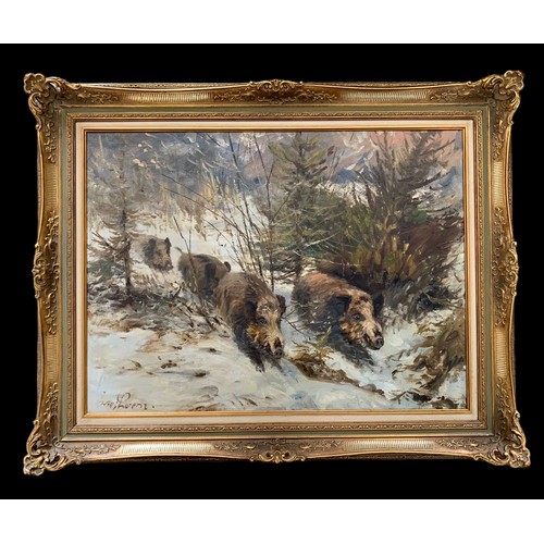 416 - Wilhelm Lorenz (German, 1901-1981), Wild Boars in a winter landscape, large oil on canvas. Signed ‘ ... 