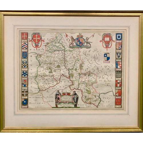 381 - Johan Blaeu, 17th Century hand-coloured engraved map of Oxfordshire by Johan Blaeu. Oxonium Comitatu... 