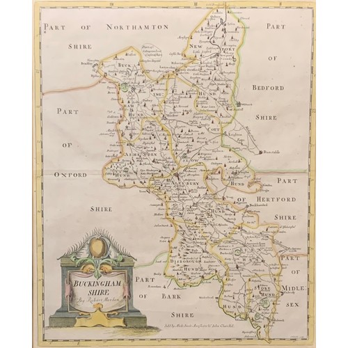 383 - Robert Morden, 18th Century hand coloured Buckinghamshire map by Rob Morden, framed and glazed. 35cm... 