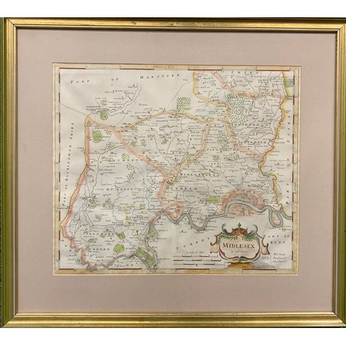 384 - Robert Morden, 18th Century hand coloured Middlesex map by Rob Morden, framed and glazed. 43cm x 36c... 