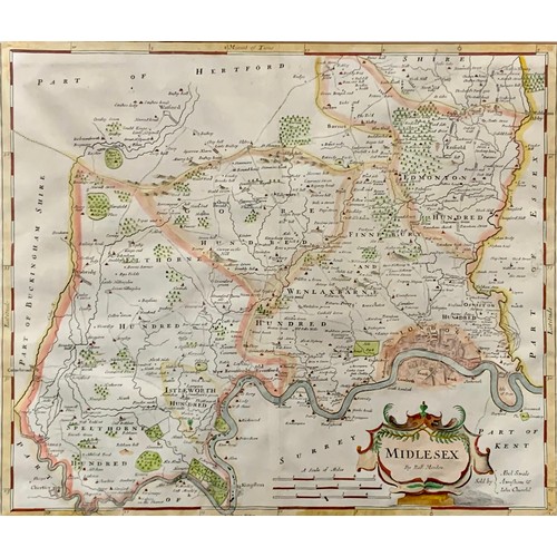 384 - Robert Morden, 18th Century hand coloured Middlesex map by Rob Morden, framed and glazed. 43cm x 36c... 