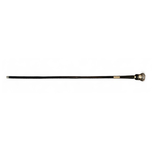 349 - Ebonised sword Stick with large ornate silver pommel bearing inscription: 