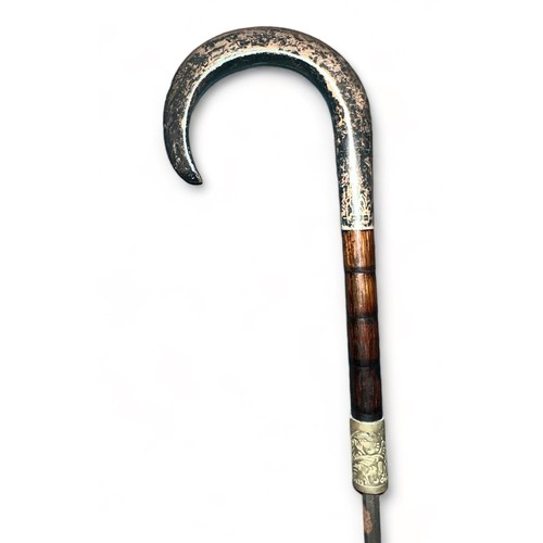 350 - Ebonised sword Stick with Silver crook handle, Hallmarks and makers name unclear but looks to be aro... 