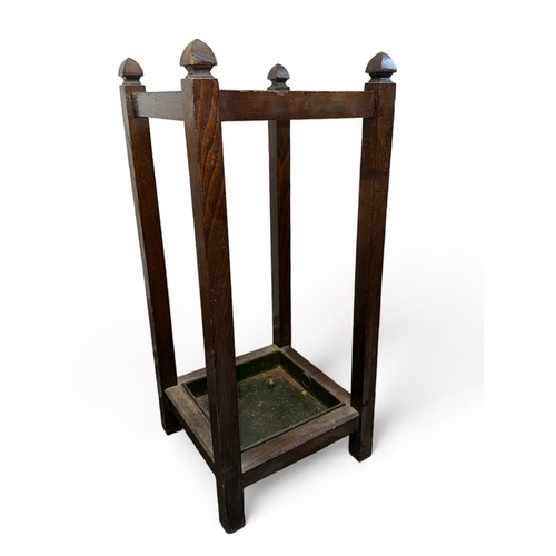 342 - Wooden stick/Umbrella Stand with metal drip tray. Stand measures 29cm x 29cm x 66cm H.