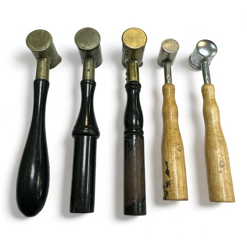 368 - 5 Powder/Shot Measures, one marked Lyman-Ideal Middlefield-Conn. with beech handle, three vintage wi... 