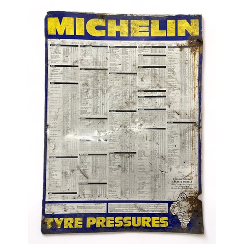 318 - Michelin Tyre Pressure Tin Sign: measures W 62cm x H 87cm showing signs of corrosion to top right  a... 