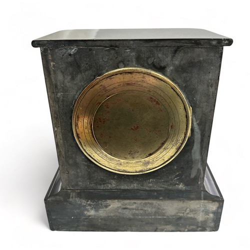 194 - Black slate and Marble Mantle Clock. Comes with pendulum and key. Has some minor damage to case whic... 