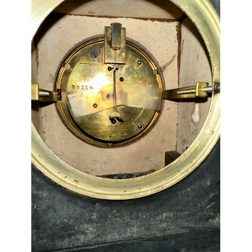 194 - Black slate and Marble Mantle Clock. Comes with pendulum and key. Has some minor damage to case whic... 