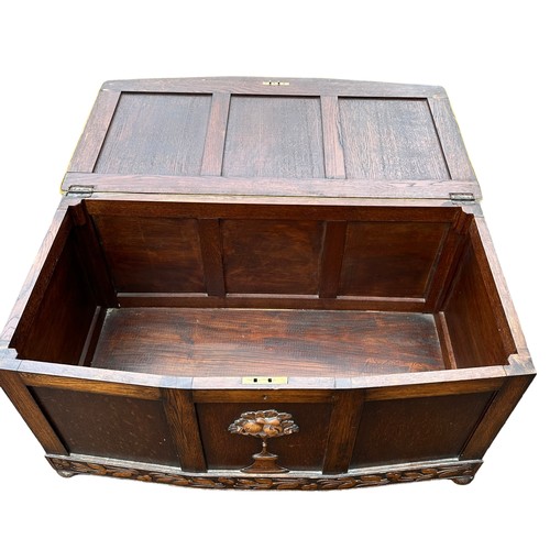 443 - Wooden blanket chest with upholstered seat, carved design to front and sides. Width 95cm, depth 51cm... 