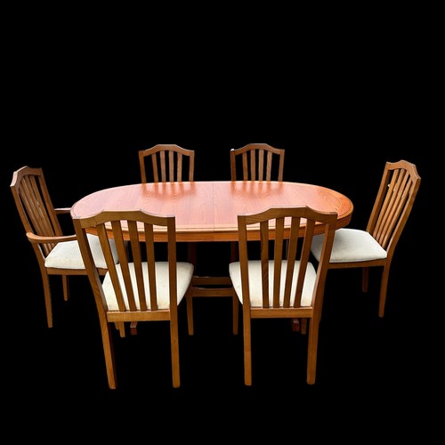 446 - Modern dining table with six chairs, including to carvers. Table length 176cm, width 100 cm, height ... 