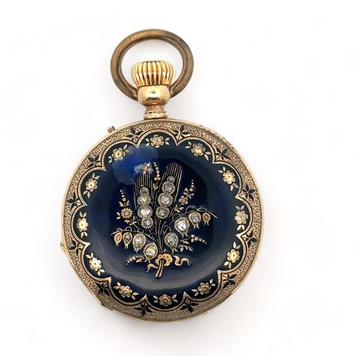 152 - Ladies 18k Diamond and Enamel Fob Watch. Stunning Ladies 18k Gold, Diamond & Enamel Fob Watch. Ancho... 