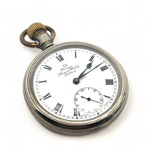 156 - Circa 1910 Omega manual wind pocket watch, nickel case. Dims 52mm. Watch working at time of catalogu... 