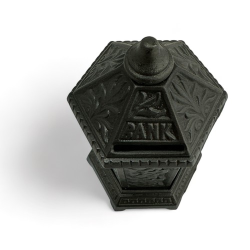 314 - Hexagonal Cast Iron Money Box modelled on a post box marked Bank. Registration number to base 187026... 