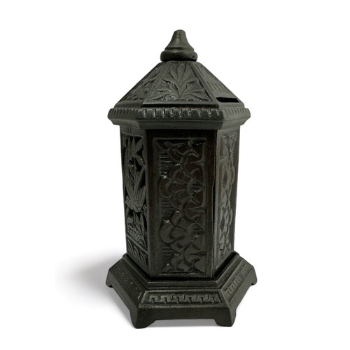 314 - Hexagonal Cast Iron Money Box modelled on a post box marked Bank. Registration number to base 187026... 