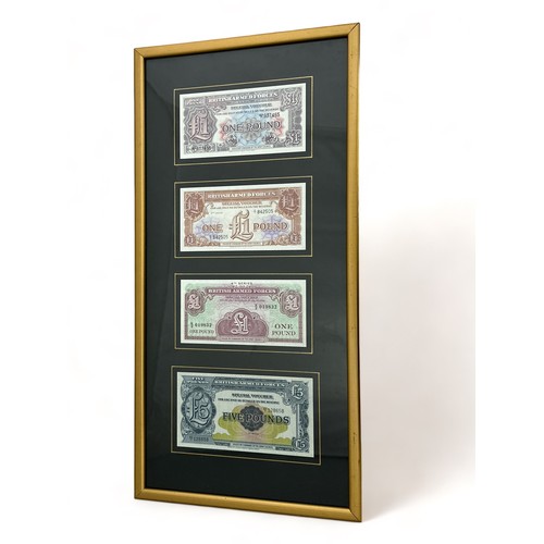 212 - British Armed Forces Bank Notes: Three One Pound and One Five Pound note set in a frame.