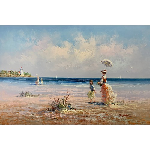 423 - J Miller (British, Contemporary), largescale oil on canvas landscape depicting Edwardian ladies and ... 