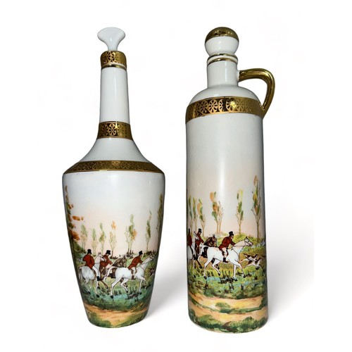 256 - Limoges, pair of hand painted liquor bottles featuring hunting scenes, with gold gilt surround bars ... 