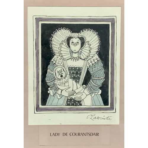 399 - Sir Osbert Lancaster (British, 1908-1986),  ‘ Lady de Courantsdair ‘ original pen and ink satire car... 