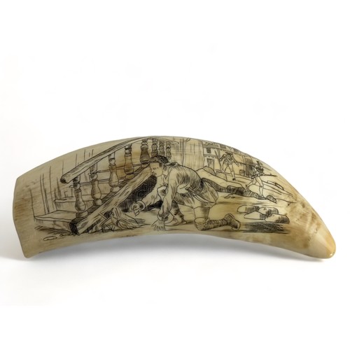 380 - An American themed whale tooth scrimshaw depicting a man lighting a fire under a staircase whilst tw... 