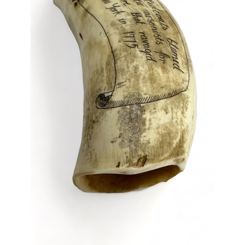 380 - An American themed whale tooth scrimshaw depicting a man lighting a fire under a staircase whilst tw... 