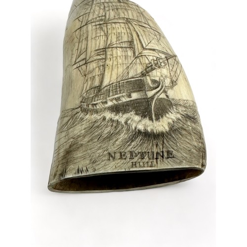 379 - Scrimshaw - A large standing whale tooth depicting a sailing ship steaming ahead with the words 'NEP... 