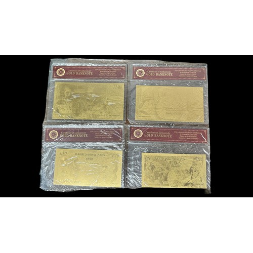 213 - 4x Gold banknotes, most sealed in packets with certificate of authenticity declaring 99.9% 24 carat ... 