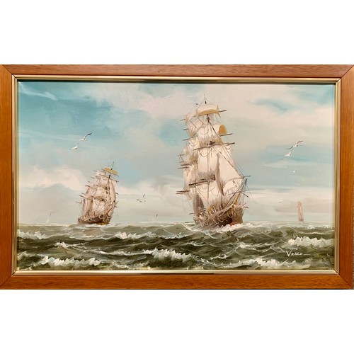 425 - Roberto Vaseo (Contemporary), large oil on canvas painting of two schooner ships on choppy waters. S... 